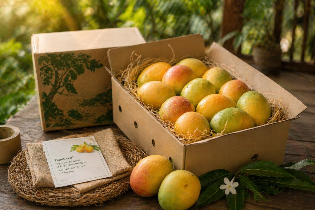 Packed mangoes in straw-lined boxes on an outdoor wooden table with farm gift packaging